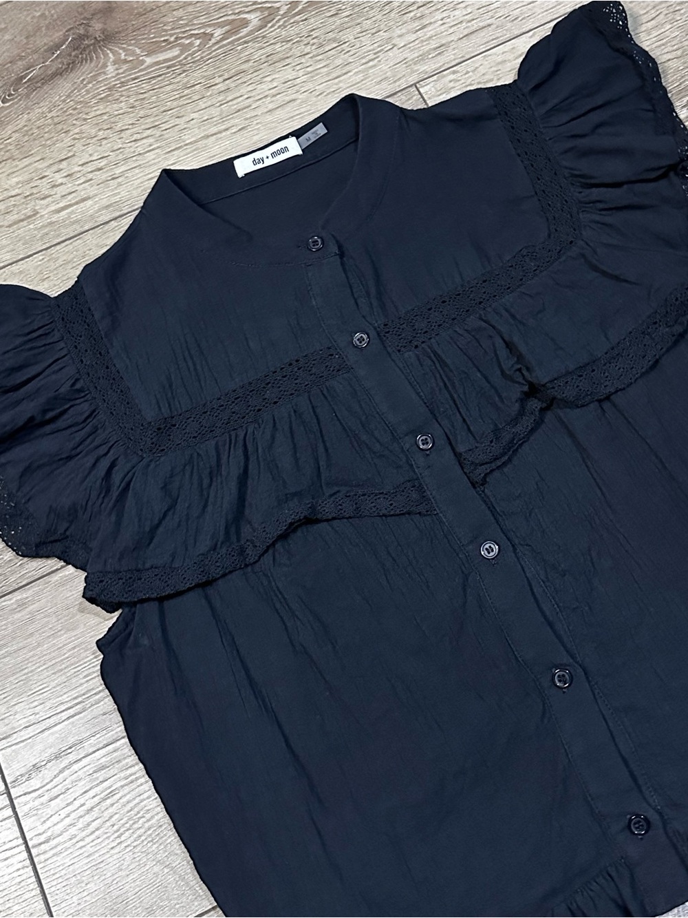 Day + Moon Button Up Flutter Sleeve Ruffle Whimsigoth Top Crochet Detailing - Picture 7 of 15